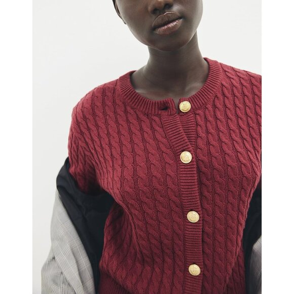 Women Cable Knit Cardigan Short Sleeve Vintage Cropped Sweater Casual - Picture 4 of 6